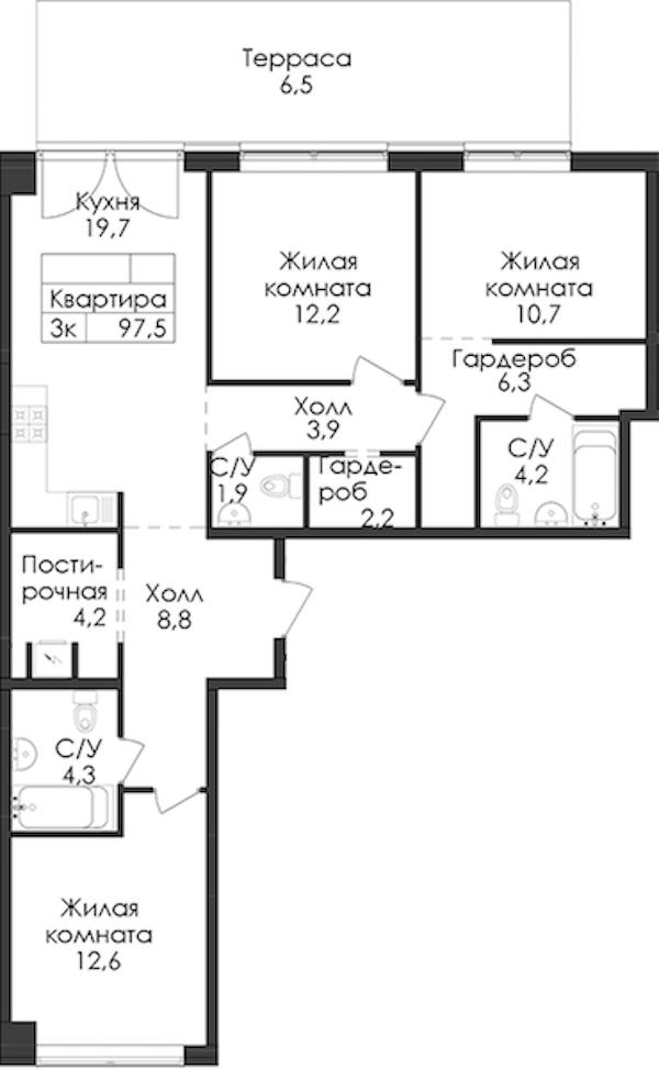 3-комнатная квартира 97.5 м², 1/9 эт., ЖК «Лермонтовский 54»